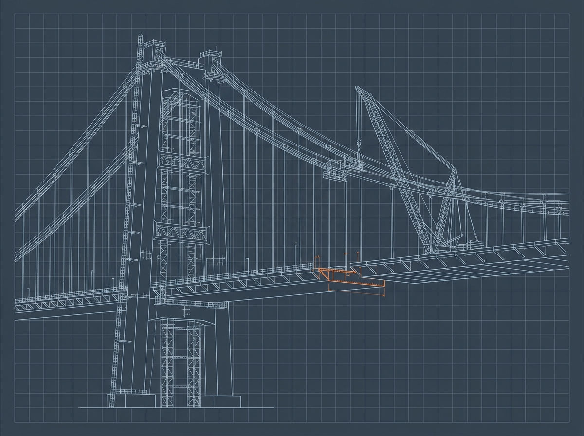 a suspension bridge under construction with a crane lifting the last deck section into place; the section being placed is the ember accent