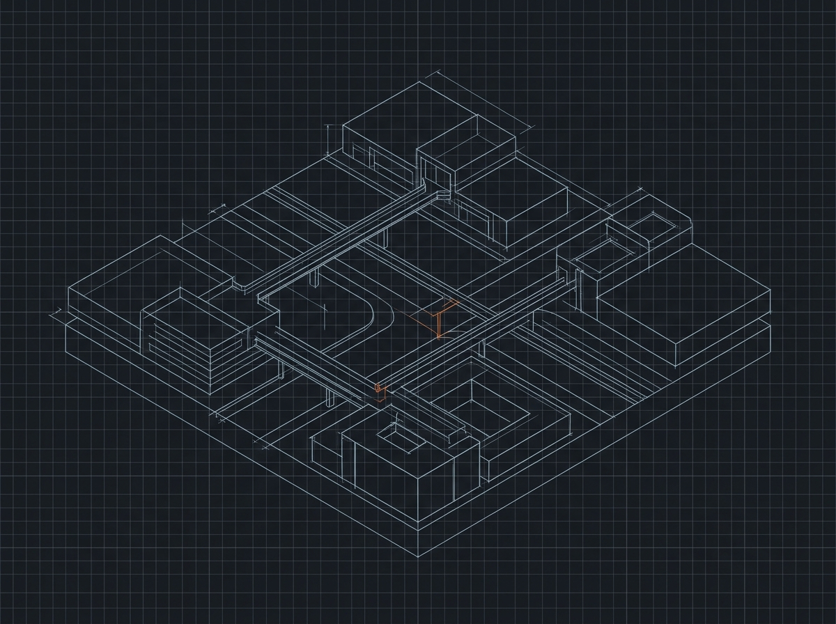 an isometric city block of buildings joined by raised walkways, drawn as an architect's site plan; one junction on the walkway is the ember accent
