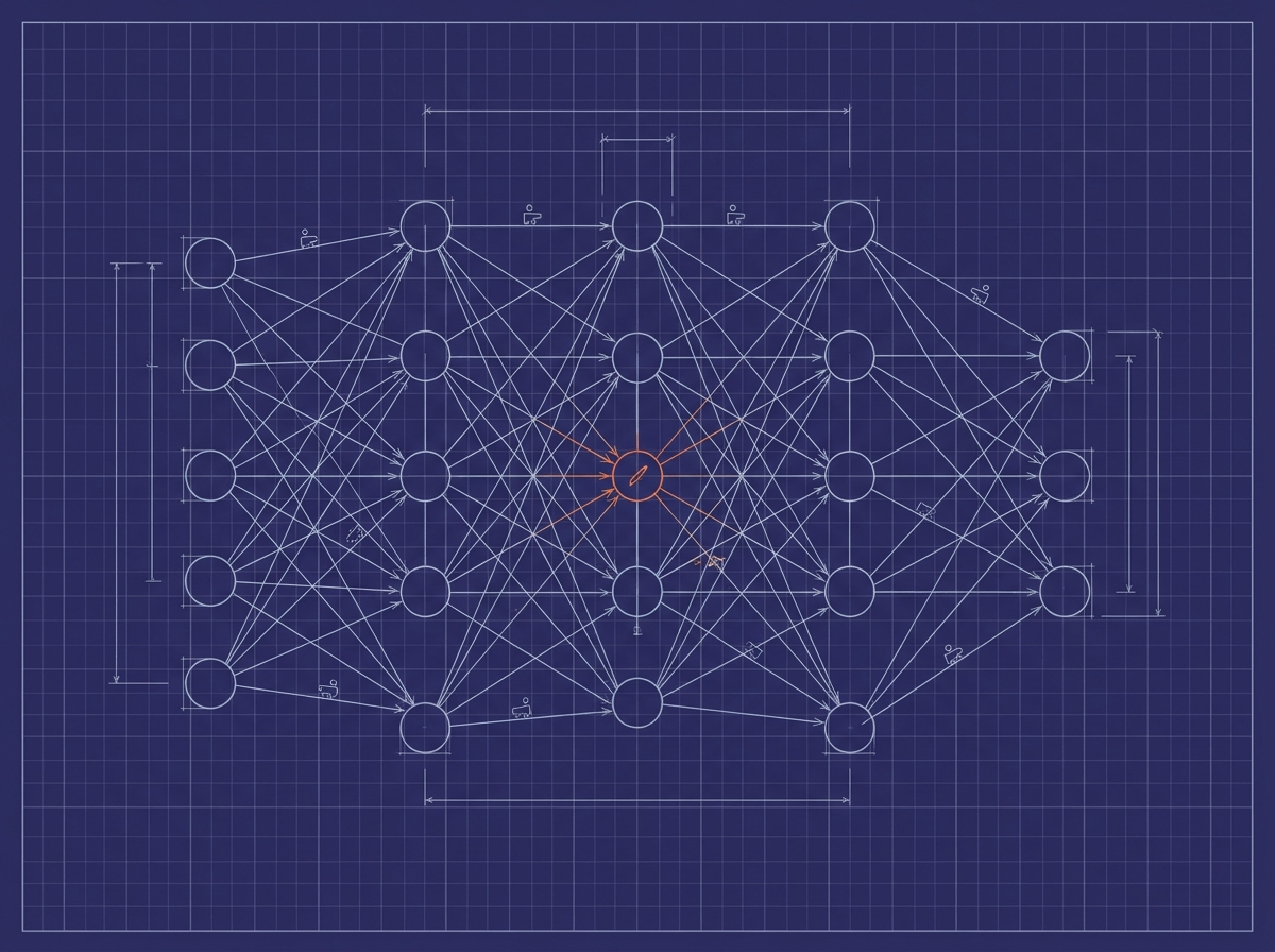 a layered neural network of circular nodes joined by connection lines, with dimension brackets; one node in the middle layer is the ember accent