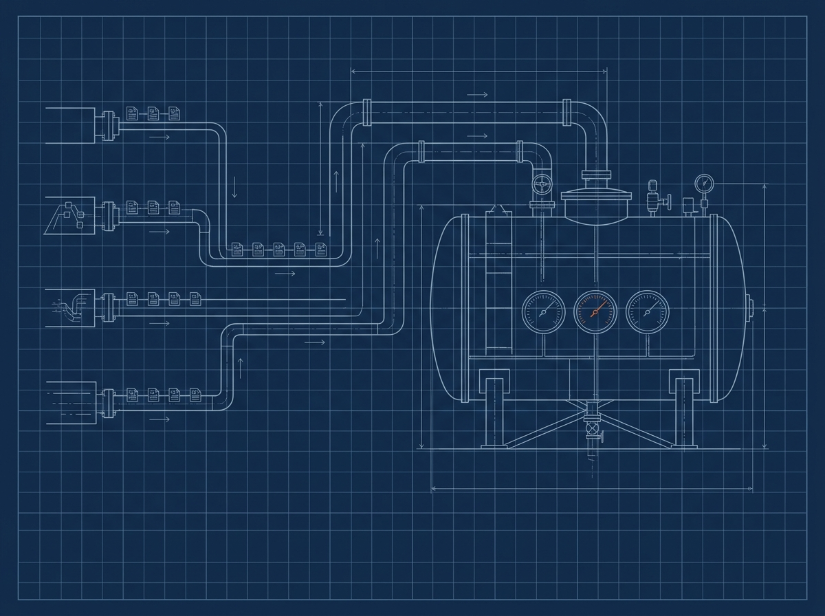 input pipes with valves running into a large storage tank with three gauges, as a piping diagram; one gauge is the ember accent