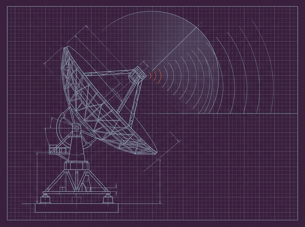 a radio telescope dish with its receiver sending signal arcs across the sheet; the arcs at the receiver are the ember accent