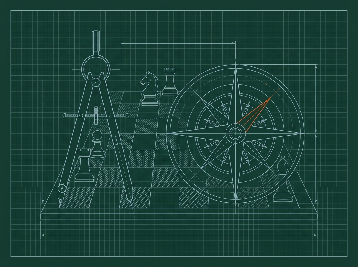 a drafting compass and chess pieces on a hatched chessboard beside a large compass rose; the compass rose's needle is the ember accent